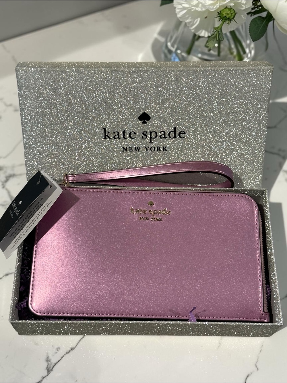 kate spade metallic pink zip-around wristlet wallet with gold logo& gift box NWT